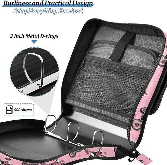 Fisyme Dirt Bike Motocycles Zipper Binder 3 Ring with Zipper and Shoulder Strap Large Capacity Multi-Pocket Binder Organizer