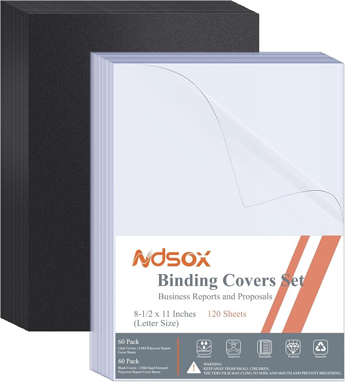 Ndsox 120 Pack Binding Covers and Backs Set 8.5" x 11" Letter Size | 60 8-Mil Clear Plastic Covers, 60 12-Mil Black Sand-Textured Bingding Presentation Polycovers, Office & School Use