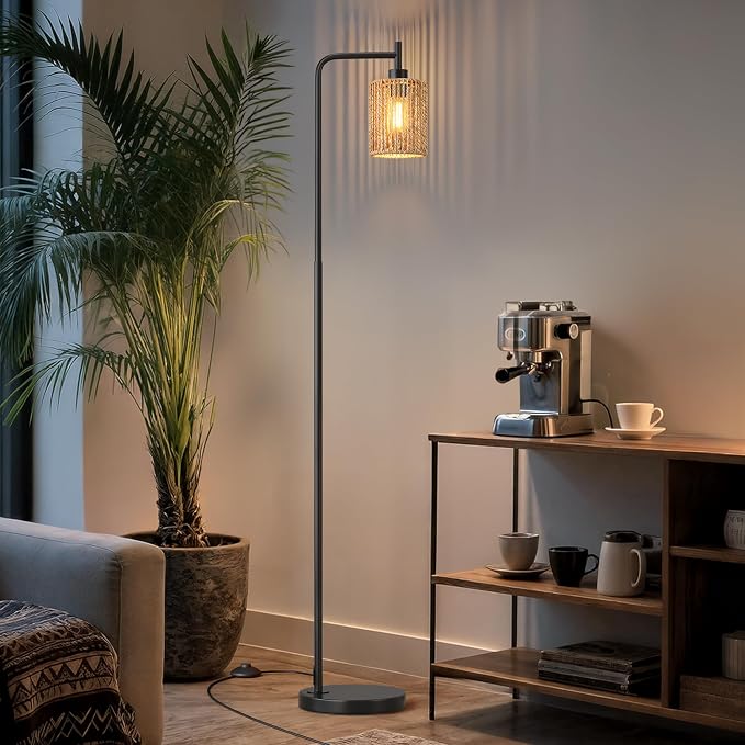 66" Black Floor Lamp for Living Room, Boho Floor Lamp with LED Bulb, Rattan Shade, Foot Switch, Industrial Tall Standing Lamp for Bedroom, Dining Room, Study Room, Office