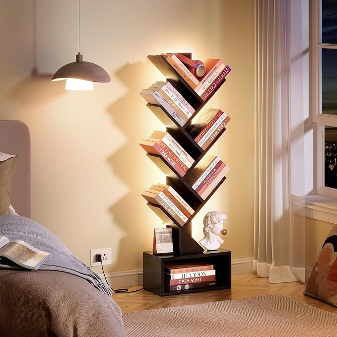 Hoctieon 6 Tier Tree Bookshelf, Tall Bookcase with Drawer, Freestanding Book Shelf with LED Lights, Display Floor Standing Storage Shelf, Book Organizer Shelves for Home Office, Living Room, Black