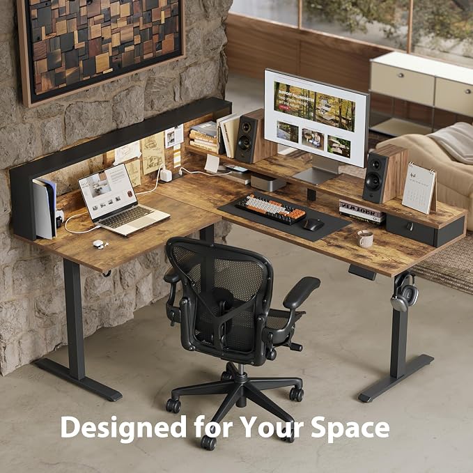 Agilestic 63 Inch L Shaped Electric Standing Desk with Led, Rustic Brown | Modular Storage System, Outlets & LED, Corner Desk, Memory Presets, Hooks, Stable Steel Frame, 176 lbs