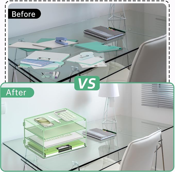 DALTACK 3 Tier Letter Tray Paper Organizer with Sliding Trays Mint Green | Metal Mesh File Organizer with Sliding Trays for Letter and A4 Paper, Mail, Bills, Folders and Office Documents