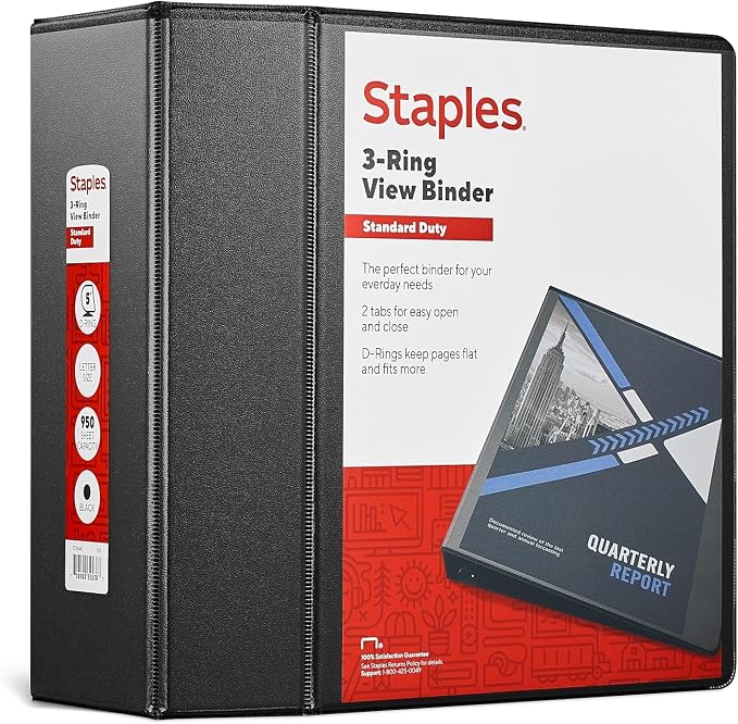 Staples 5" 3-Ring View Binder, D-Ring, Black (55441/26359)