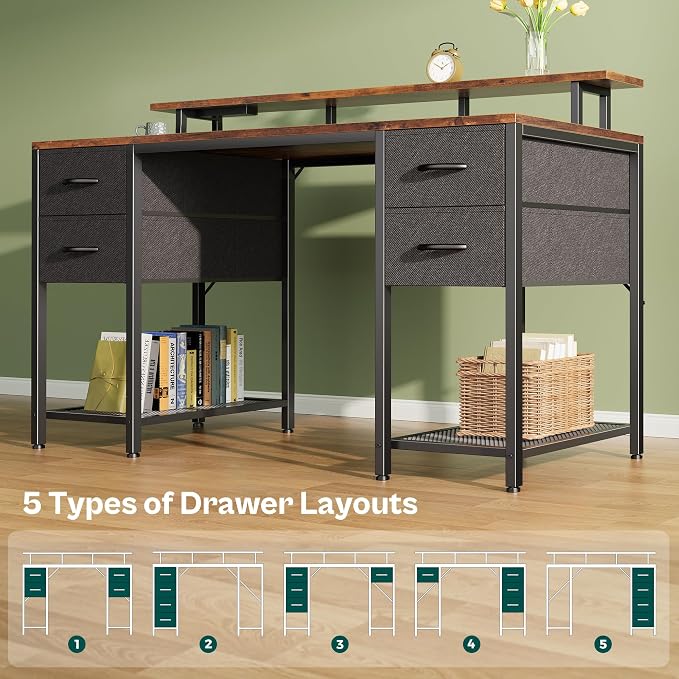 Huuger 55 inch Computer Desk with Power Outlets & 4 Drawers | Gaming Desk with LED Lights, Home Office Desk with Storage Space for Bedroom, Work from Home, Rustic Brown