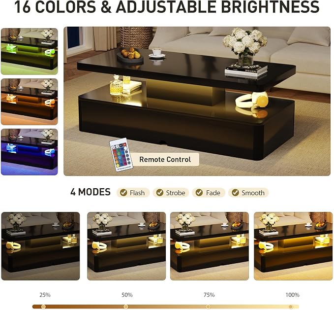 40" Modern LED Coffee Table, 2 Tier Rectangular Center Table with 16 Colors Lights & Large Storage Space, High Glossy Wooden Tea Table for Living Room, Bedroom, Home Office, Dark Black