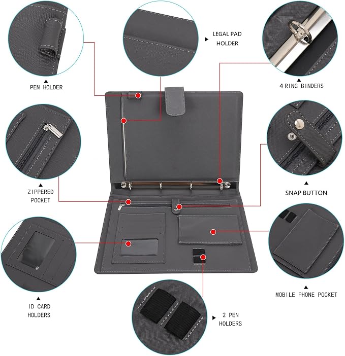 Wonderpool A4 PU Leather 3 & 4 Ring Holder Writing Portfolio Multi Document Case with Removable Binder Clipboard and Functional Pocket for Organizer Office Travel School (Grey)