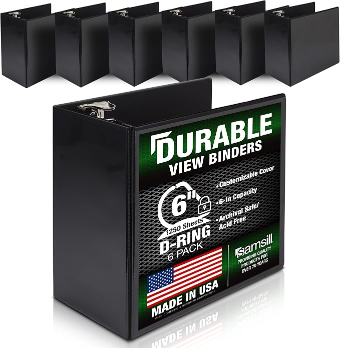 Samsill Durable 6 inch 3 Ring Binder, Made in USA, Locking D Ring 100% Recycled Chipboard, Black, 6 Pack