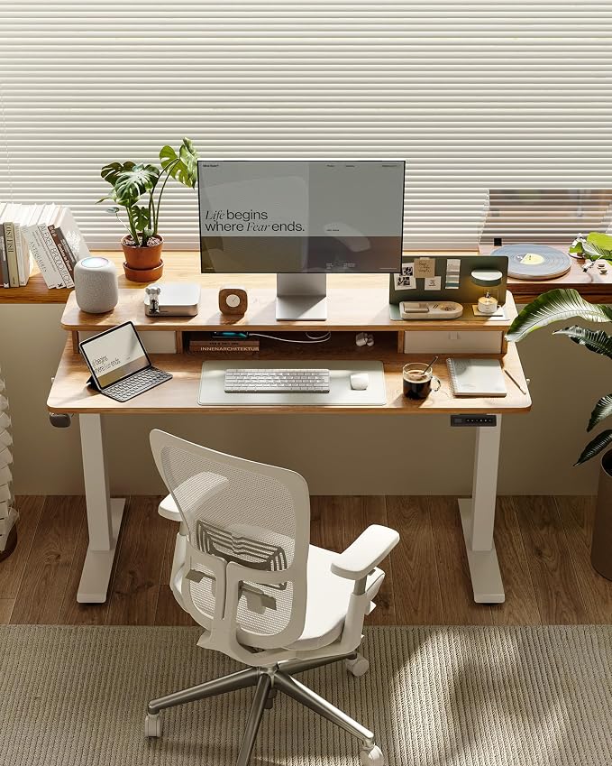 48x24 Inch Electric Standing Desk with Double Drawers, Adjustable Feet & Hooks, Ergonomic Home Office Workstation, Maple