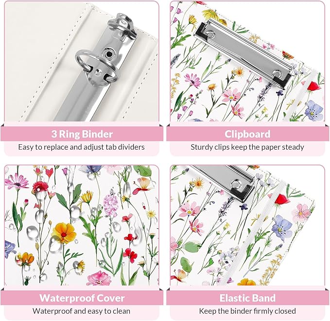 SKYDUE 1 Inch 3-Ring Binder with Clipboard, PU Binder with 5 Dividers, Notepad, Stickers & Pockets for Work and School - Aesthetic Binder (Letter Size)