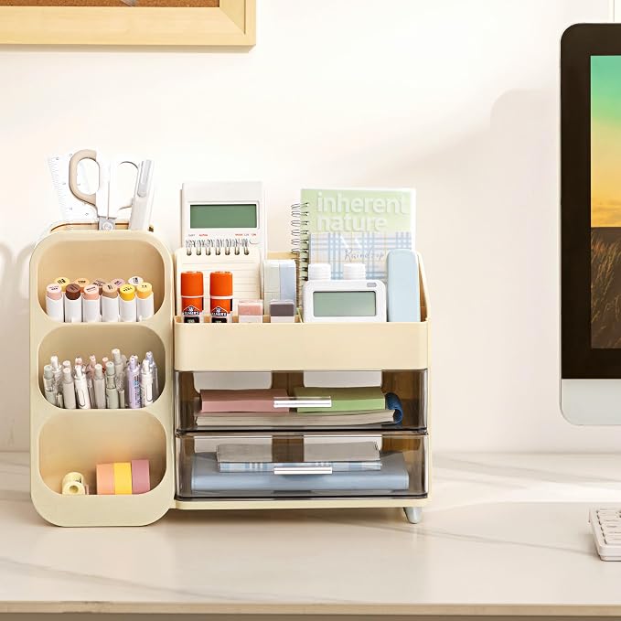 HBlife Desk Organizer with Pen Pencil Holder for Desk, Pen Organizer with 2 Drawers, Desk Organizers and Accessories with 4 Compartments, Desktop Storage for Office Home School Art Supplies, Beige