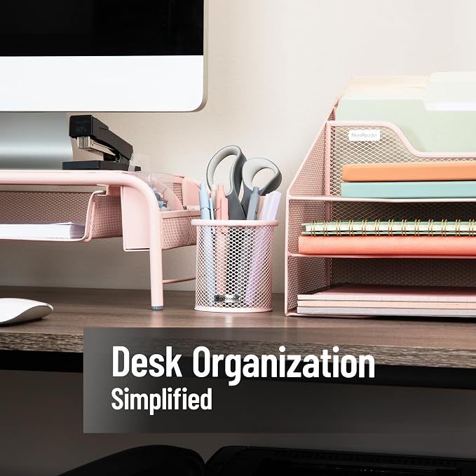 Mind Reader Pen and Accessories Holder, Desktop Organizer, Office, Metal Mesh, 3.5"L x 3.5"W x 3.75"H, Set of 3, Pink