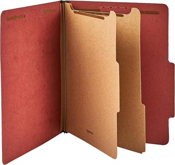 Amazon Basics Classification Folder with Prongs, Pressboard, 2 Dividers, 2-Inch Expansion, Letter Size, Red, Pack of 10, for Organizing Documents