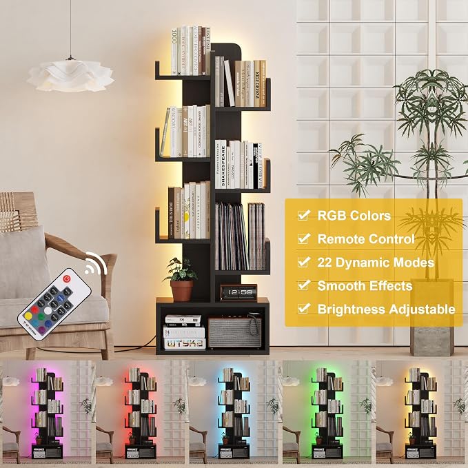Qupui 6-Tier LED Bookshelf, 47" Tall Cactus Corner Bookcase, Black | RGB 22 Modes 6 Brightness Levels. Cactus-inspired Tree Design. Engineered Wood. 6 Shelves Hold 5-10 Books Each. For Bedroom
