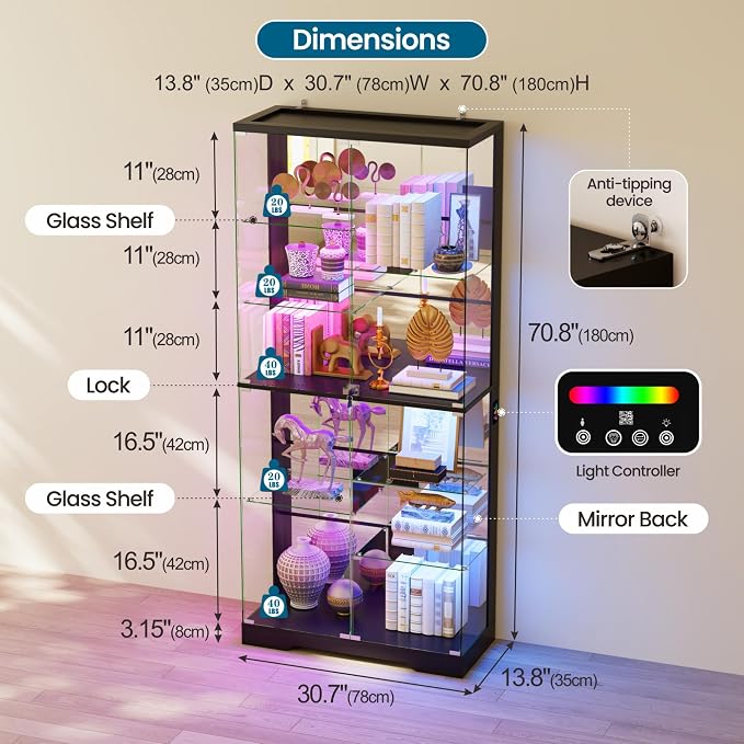 Lvifur 10-Tier Glass Display Cabinet with RGB Light and Motion Sensor,Black | 71''H Lockable Curio Cabinet with Glass Doors,China Cabinets with Removable Shelves for Collectibles,Lighted Showcase
