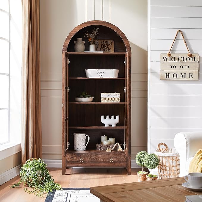 RowyPoey 71" Tall Arched Cabinet Bookshelf with Glass Door & Storage Drawer | Modern Farmhouse Display Cabinet,Adjustable Shelves,Wood Kitchen Pantry for Dining Room,Living Room,Office,Walnut,2 Pack