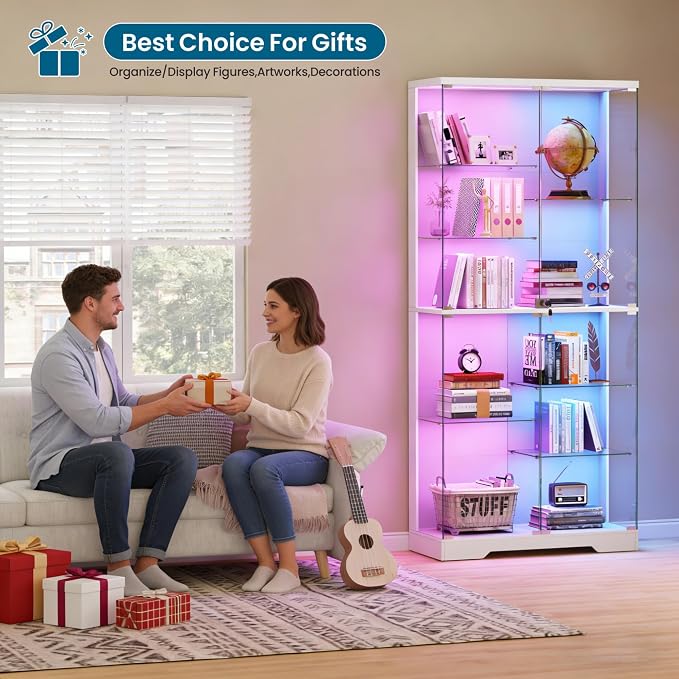 Lvifur 10-Tier Glass Display Cabinet with RGB Light and Motion Sensor,White | 71''H Lockable Curio Cabinet with Glass Doors,China Cabinets with Removable Shelves for Collectibles,Lighted Showcase,White