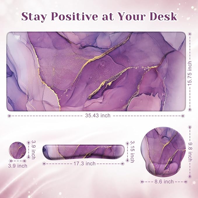 iCasso Purple Keyboard Mat 35.4"x15.7", Desk Blotter for Workspace | Mousepad Set with Wrist Support and Coaster Set, Cozy Desk Cover Set for Gaming Vanity Women Office Workspace Area