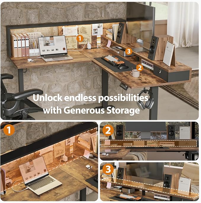 Agilestic 63 Inch L Shaped Electric Standing Desk with Led, Rustic Brown | Modular Storage System, Outlets & LED, Corner Desk, Memory Presets, Hooks, Stable Steel Frame, 176 lbs