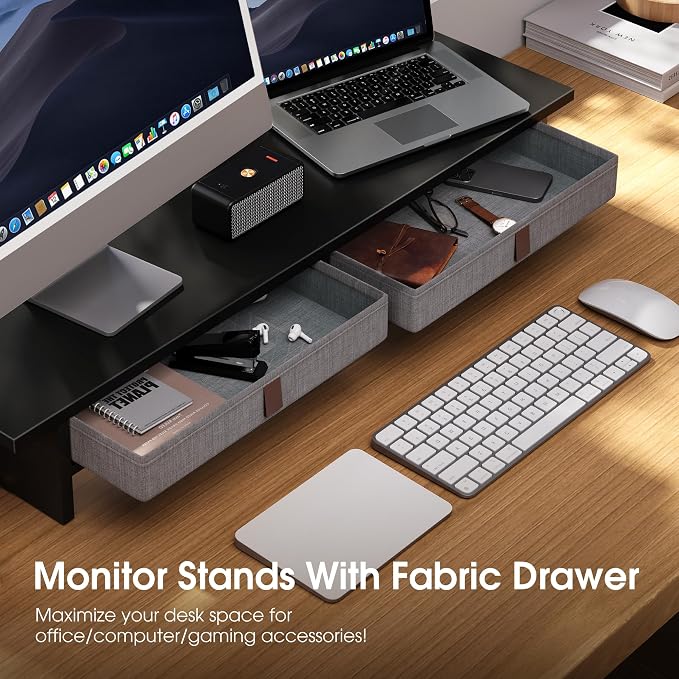 Fenge 35 Inch Monitor Stand with Drawer Storage, Computer Riser for Desk | Wooden Computer Shelf, 2 Tiers, for Dual Monitor/Laptop/PC/TV/Printer up to 55Lbs, Home Office Desk Organizer
