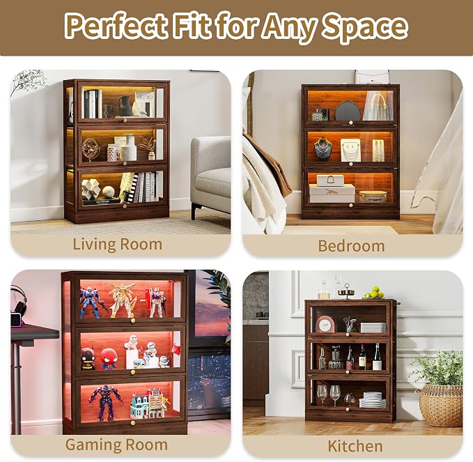 Display Cabinet with Acrylic Glass Doors,3-Tiers Curio Cabinet with LED Lighting for Collectibles, Collectibles Toy Organizers Rack & Display Shelf Display Case Storage Cabinet,Walnut