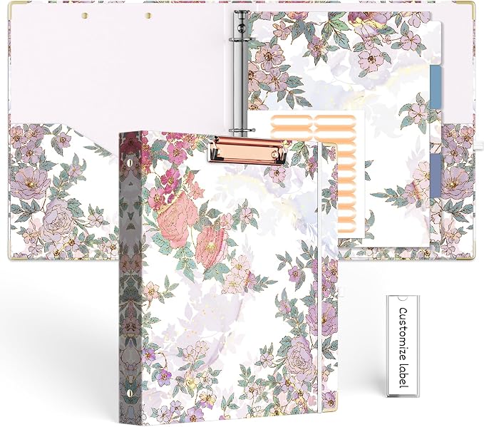 EYROZILL 3 Ring Binders 1 Inch 8.5" x 11", Aesthetic 3 Ring Binder with Pockets, Dividers, Clipboard, Binder for Appointment Record, Healthcare Organizer (Pear Blossom)