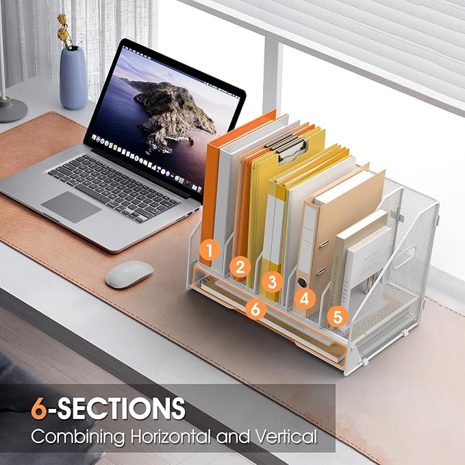 5 Vertical Mesh Desk Organizer with Paper Letter Tray, White | Sorting racks with lower letter tray section. Multipurpose mesh desktop space saver for home office and school