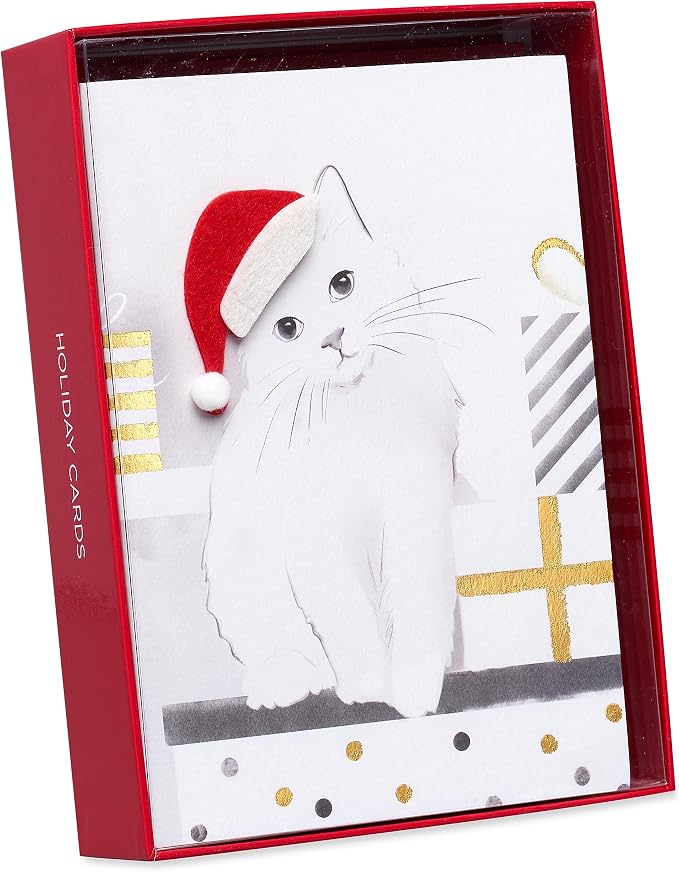 Papyrus Cat Christmas Cards Boxed with Envelopes, Merry Christmas and a Happy New Year, Santa Hat Kitty (8-Count)