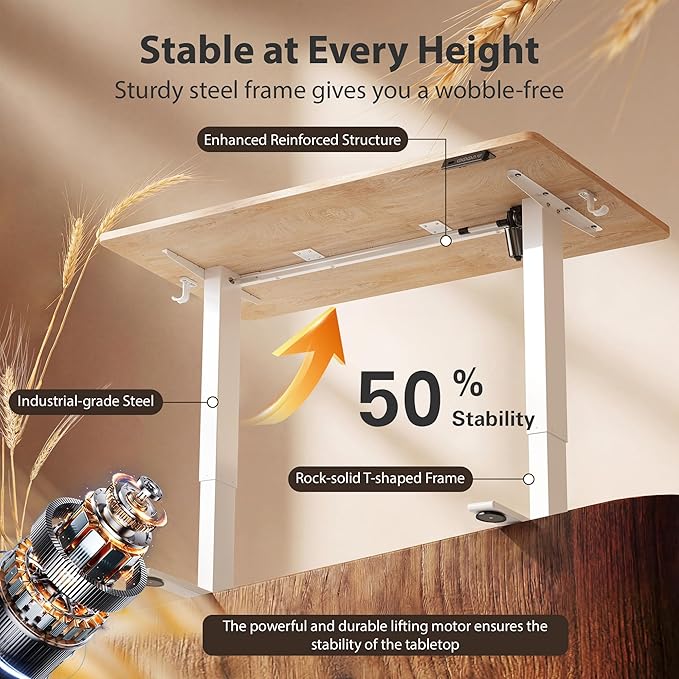 Cubiker Standing Desk, 63x28 Inches Sit Stand Home Office Desk, Electric Stand up Desk, Adjustable Desk with Splice Board, White Frame/Maple Top