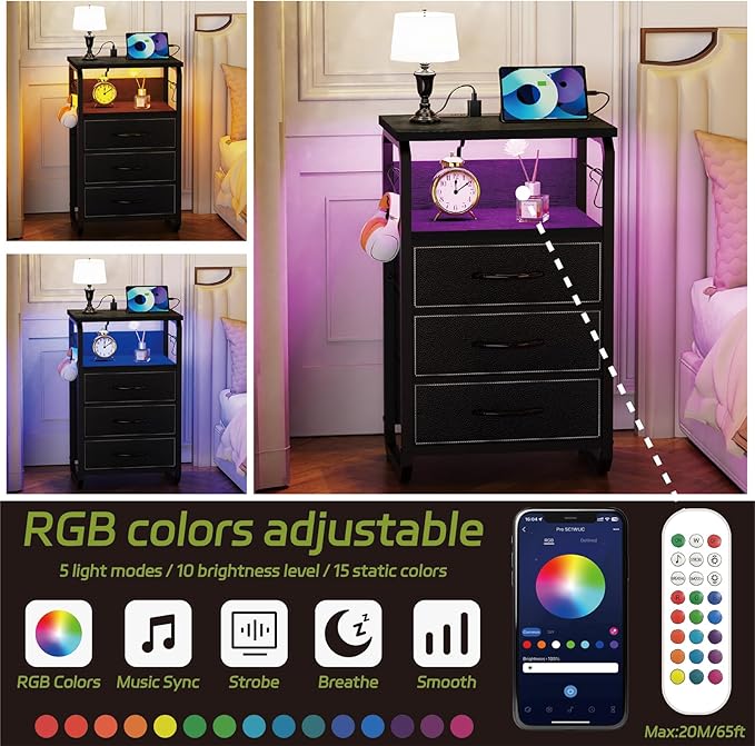 runjuly End Tables Set of 2 with Charging Station, LED Lights, Hooks, Black | 3 Large Fabric Drawers, USB C Ports & Power Outlets, Metal Night Stand Pair, Storage Nightstand for Living Room / Bedroom