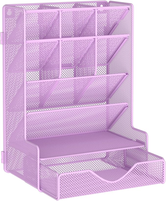 BOHDK Pen Organizer for Desk, Multi-Functional Desk Organizer, Wall Mount Pen Holder with Drawer for School, Office, Home, Art Supplies, Purple