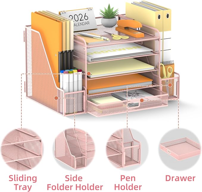 Mesh Desk Organizer with File Holder, 5-Tier Paper Letter Tray Organizer with Magazine Holder, Desktop Organizer and Storage with Drawer for Office Supplies Home or School (Pink) | Two side magazine holders and a bottom drawer store papers, folders, no...