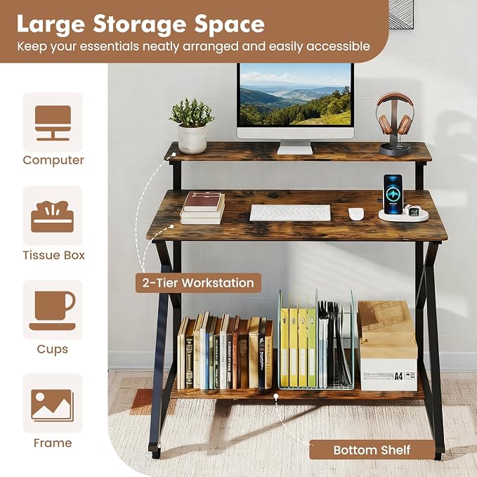 Giantex Rolling Computer Desk with Charging Station, Mobile Portable Laptop Desk with Monitor Stand & Storage Shelf, Small Desk with Lockable Wheels for Small Spaces, Home Office (Rustic Brown)