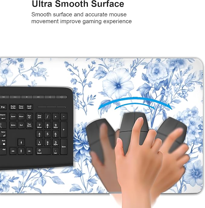 Floral Aesthetic Dahlia Gaming Mouse Pad, White Blue Chinoiserie Desk Mat with Anti-Slip Base & Stitched Edges,35.4" x 15.7" in Table Mat for Computer Desktop, Beautiful Workstation Decor