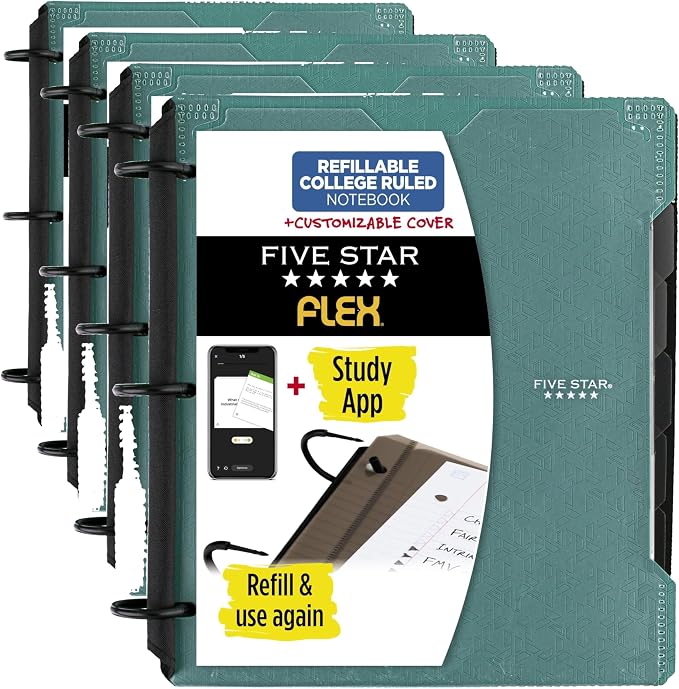 Five Star Flex Refillable Notebook + Study App, 1 Inch Binder with Customizable Cover, College Ruled Notebook and 3 Ring Binder, Hybrid NoteBinder, 200 Sheet Capacity, Green (29326AQ8) (Pack of 4)