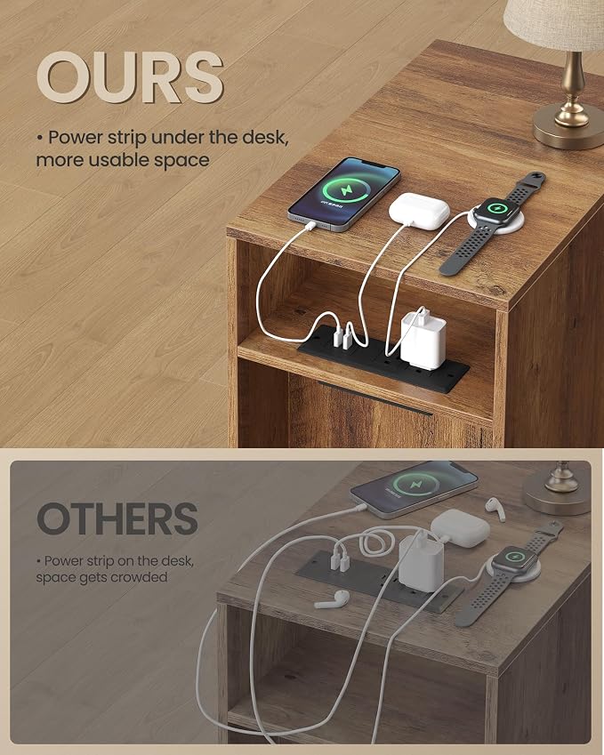 VASAGLE End Table with Charging Station, Narrow Side Table, Nightstand | Tapered Legs, Curved Transitions, for Small Spaces, Living Room, Bedroom, Honey Brown, MAEZO Collection ULET329K101S