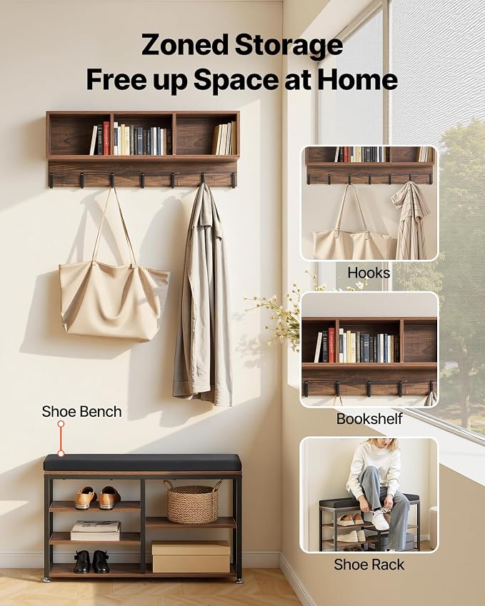 VEVOR Coat Rack with Shoe Bench, 3-in-1 Shoe Coat Rack Combo Set with Hooks and Bookshelf, Steel Frame Hall Tree Entrance Storage Organizer Holder for Entry, Bedroom, Closet, Office, Rustic Brown