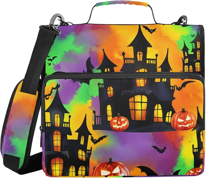 3 Ring Zipper Binder Spooky Haunted House Binder Organizer Portfolio with File and Shoulder Strap & Handle Large Capacity File Folder