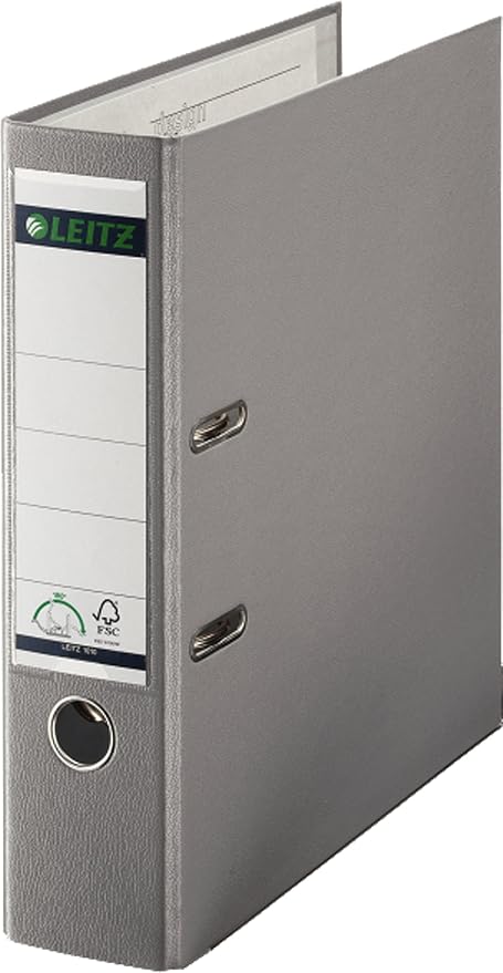 Leitz Plastic Lever Arch File, 90 Percent Recycled Card, 30 Percent Pre-Consumer Recycled Plastic, with Thumbhole and Rado Rings, 80mm Spine 600 Sheet Capacity, Grey, 10101085