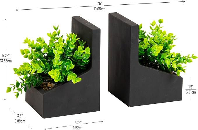 Mind Reader Contemporary Planter Bookends, Book Holders with Faux Greenery, Decorative Desktop or Shelf Organizer, Cement, Set of 2, Black