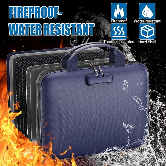 Fireproof Binder Organizer with 20 Pack Binder Pockets & Lock,Blue | Important Document Box with Zipper,Water Resistant Hard Case, Portable Home Office Safe Storage Protection for Letter Size