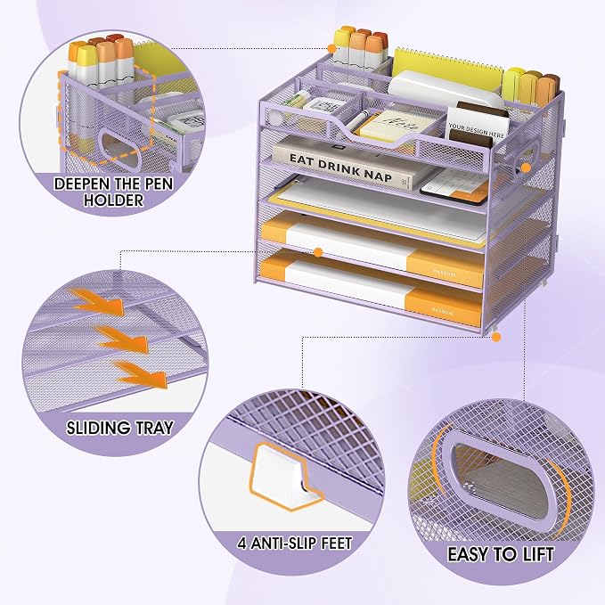 5 Tier Paper Letter Tray Desk Organizer with Pen Holders - Purple | Features 3 pen holders and 4 removable dividers.Versatile mesh desktop storage for mail, document,office supplie
