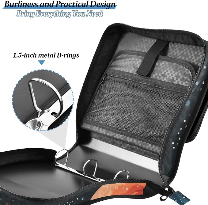 Space Planet Astronomy 3 Ring Zipper Binder with Handle 1.5 inch Binder Organizer, Multi Pockets Office File Folder with Shoulder Strap 500 Sheet Capacity