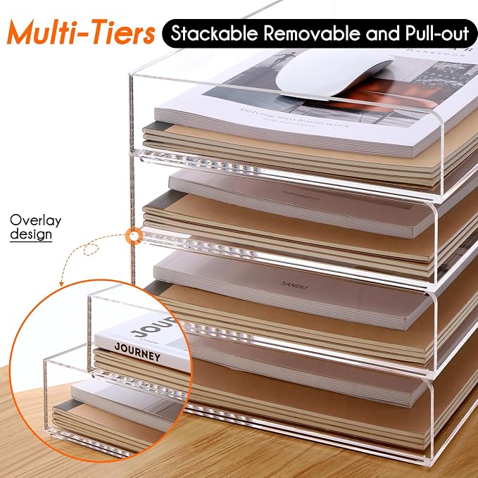 HeZone Paper Organizer, 2 Tier Stackable A4 Size Acrylic Letter Tray, Office/Home/School Organization - Clear