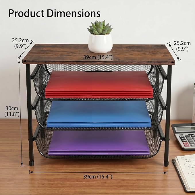 4-Tier Printer Stand for Desk with Storage Drawer Wooden Top Printer Shelf Metal Desktop Organizer Paper Organizer Printer Table for Home Office Accessories Black
