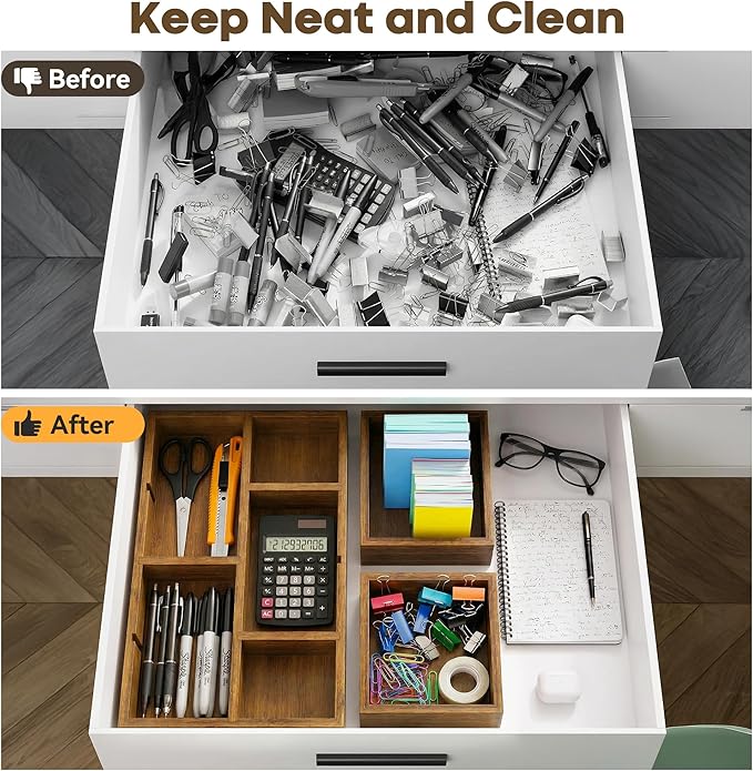KOCWELL Bamboo Desk Drawer Organizer with Removable Dividers,Multi-Use Office Drawer Organizer Tray,Junk Drawer Organizers for Office,School,Kitchen,Makeup Supply（Carbon Brown）