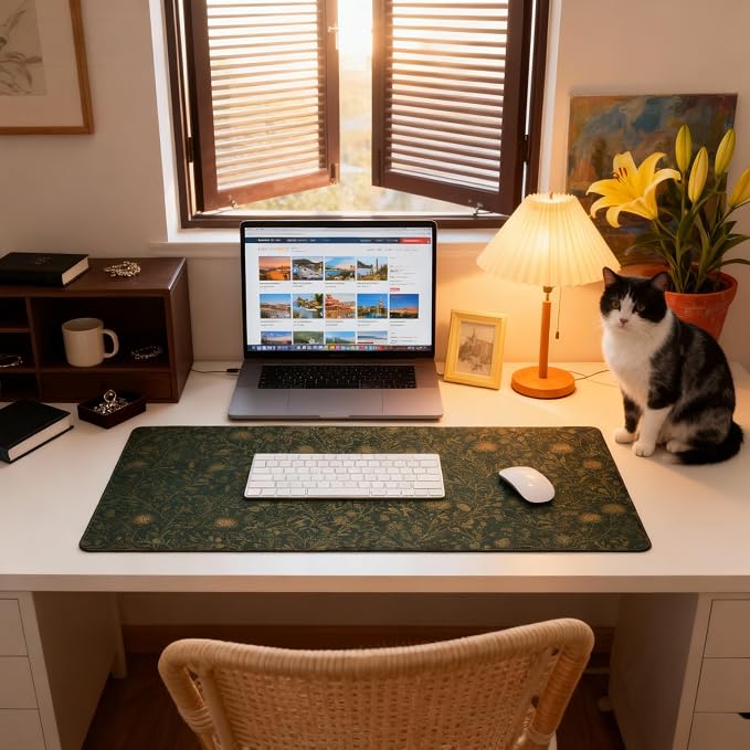 Dark Green Floral Desk Mat Gold Flowers XXL Large Desk Pad - Anti-Slip Stitched Edges Mouse Pad for Women, Office & Home, Extra Big Computer Keyboard Mat for Desktop, Aesthetic Office Decor