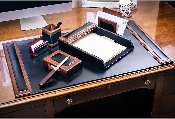 DACASSO Wood & Leather Desk Set - Luxury Leather Desk Pad & Desk Organization Essentials (Walnut and Black, 7 Piece)