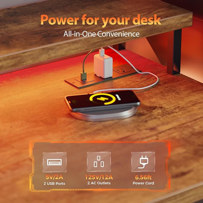 68 inch Gaming Desk with Drawers, Reversible Computer Desk, Brown | Gamer Desk with LED Lights, Power Outlets & Monitor Stand, Large Office Table for Home Bedroom Study Work Writing