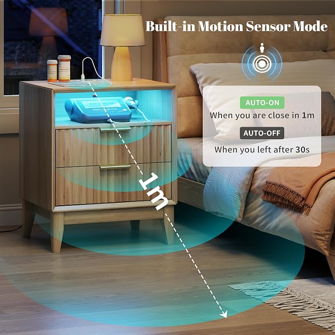 20“ W Fluted LED Nightstand with Charging Station, RFID Lock, Wood | Bedside Table with Hidden Drawer, 2 Drawers, Open Cubby, Motion Sensor, USB and Type-C Ports, Night Stand for Bedroom