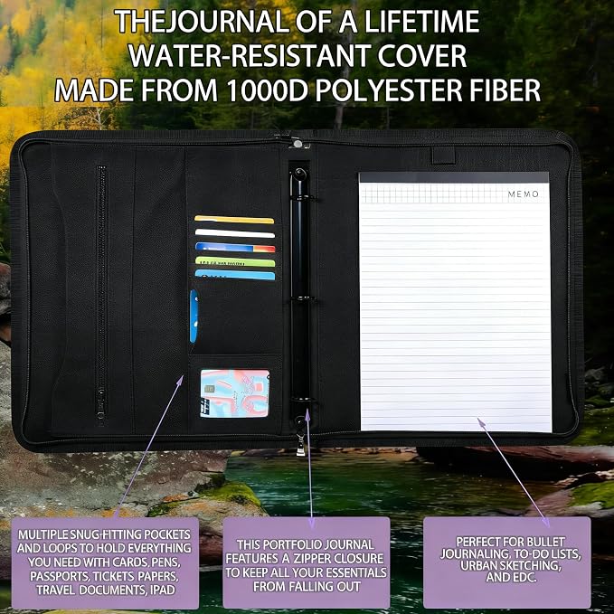 Zippered Padfolio and Tactical Notebook Cover with A4 Letter Paper, Military Multi Storage Handle Bag, Large Binder Planner for Men and Women for Out Work, Travels, Office & School, Black
